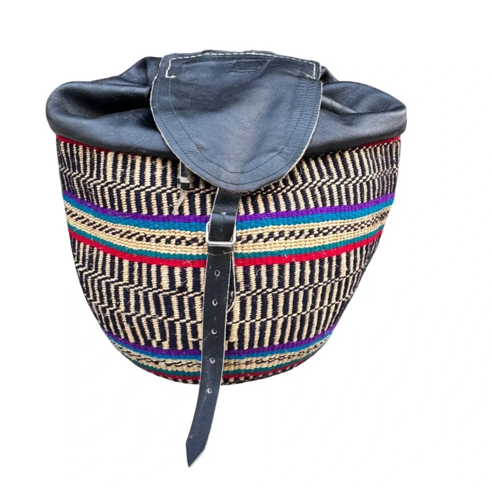 Vintage Kenyan Kiondo Sisal Basket Backpack Black Leather Trim Multi-Color Weave